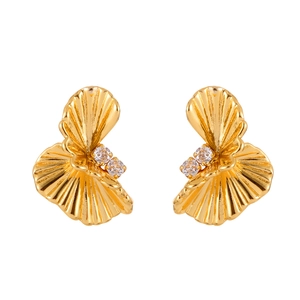 Elegant twisted pleated shell earrings in 18K gold finish with sparkling zircons