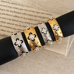 Vintage Copper Zircon Ring For Women Brushed Metal Texture Hollow Out Star Flower Design Elegant Adjustable Open Band Jewelry