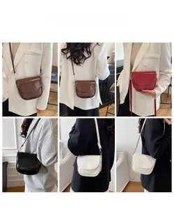Collage of leather saddle crossbody bags in multiple colors shown on a model outfit