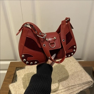 Vintage Studded Synthetic Leather Underarm Bag Suede Splicing Rivet Shoulder Bag For Women Daily Fashion Retro Style