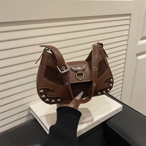 Retro brown patchwork motorcycle bag with silver rivets and adjustable strap