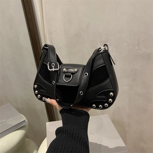 Chic black punk moto handbag with silver rivets and adjustable buckle shoulder strap