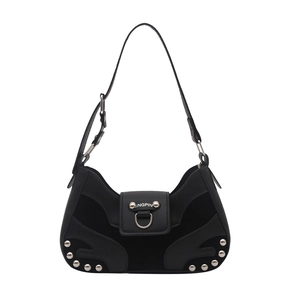 Retro black leather shoulder bag with silver rivet stitching and D-ring buckle