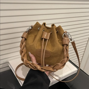 Vintage Suede Bucket Bag For Women Fashion Retro Handbag With Braided Handle And Drawstring Closure Adjustable Strap
