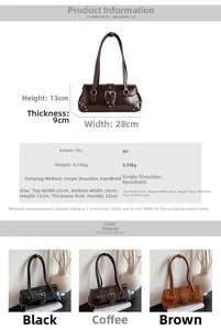 Vertical detail chart showing retro rivet shoulder bag dimensions and multiple color options
