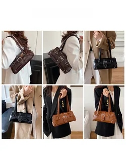 Detailed views of vintage underarm bags in dark coffee, black, and tan with metal rivets
