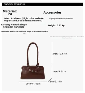 Detailed size chart showing dimensions of the brown vintage buckle shoulder handbag