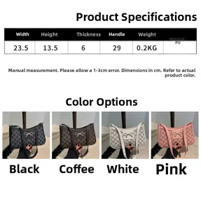 Größentabelle und Farbvarianten für PU-Achseltasche mit Schleife und M-Muster-Druck