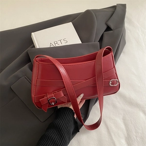 Vintage PU Leather Shoulder Bag For Women Fashion Underarm Bag With Belt Buckle Cross Straps Retro Commute Handbag