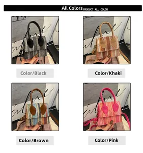 Collage showing stylish linen patchwork small square bags in black, khaki, brown, and pink