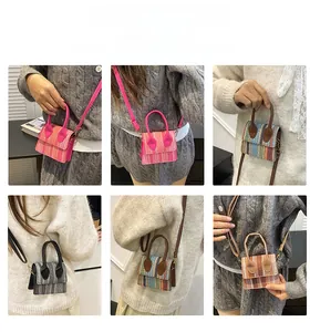 Multiple ways to wear mini woven crossbody bag showing crossbody and shoulder styles