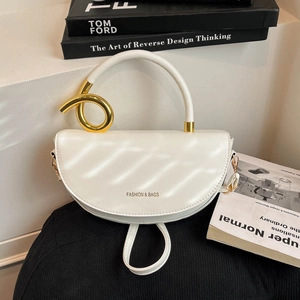 White semi-circle saddle bag with gold ring handle and Fashion & Bags branding
