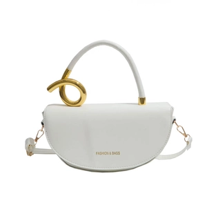 Modern white crescent handbag with gold metallic handle and long shoulder strap