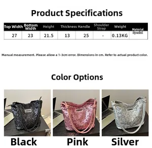 Guide des tailles pour sac cabas à paillettes avec dimensions en noir, rose et argent