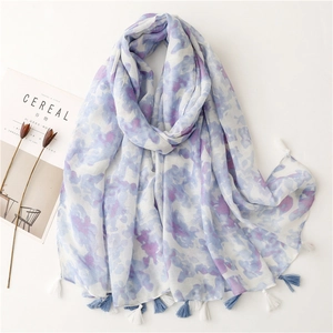Elegant Women Scarf Shawl Polyester Watercolor Ink Wash Print Handmade Tassels Lightweight Artistic Long Wraps