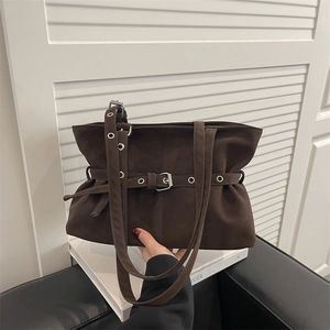 Dark brown suede tote bag with decorative buckle belt and large capacity for women