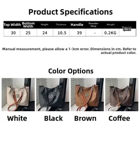 Detailed size chart and multi-color options for the large print tote bag with M pattern