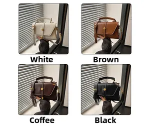 Detail showing four classic colors of this vintage crossbody bag with metal lock closure