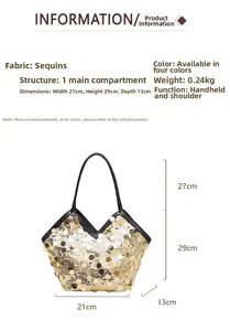 Detail of gold sequin tote bag showing size measurements 21x29x13cm and handle height