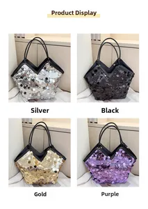 Sequin tote bag set in silver, black, gold, and purple with sleek black shoulder straps