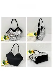 Detailed four-view composite of sequin tote bag with V-shaped opening and leather straps