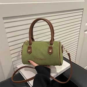 Sac à main cylindrique vert herbe vintage grande capacité avec bandoulières marron