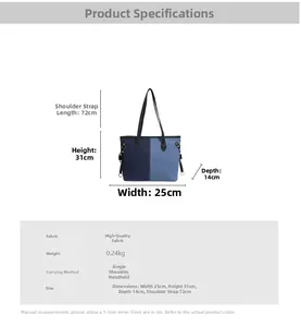 Detailed size chart of two-tone canvas tote bag with dimensions 25x31x14cm and strap info