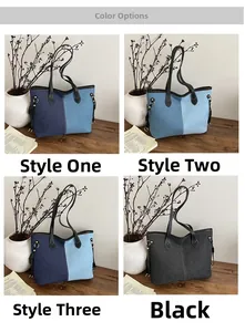 Collage of large capacity denim patchwork tote bags in four various color styles