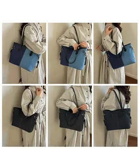 Detailed views of high-capacity denim tote bags in various patchwork colors and styles