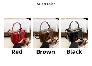 Minimalist square box bags in red, coffee, and black shiny leather with gold zippers