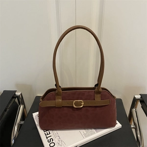 French vintage dark red suede hobo bag with large capacity and brown shoulder straps