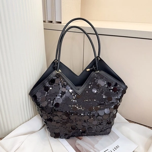 Sparkly black sequin tote bag with V-shape opening and elegant minimalist slim handles