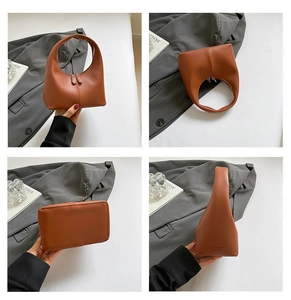 Detailed four-way view of caramel leather crescent handbag with a smooth zipper closure