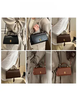 Detailed views of vintage crossbody square bags with elegant gold buckle and leather finish