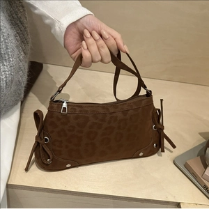 Vintage Women Leopard Print Underarm Bag Suede Frosted Shoulder Bag With Bow Rivet Fashion Handbag Retro Baguette Bag