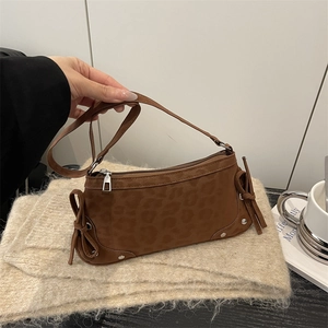 Womens Leopard Print Underarm Bag Faux Suede Matte Shoulder Bag With Bow And Silver Studs Retro Baguette Handbag