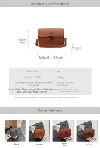 Detailed spec sheet of PU leather crossbody bag with four colors and dimensions