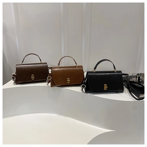 Detail of vintage square crossbody bags in brown and black with gold oval locks