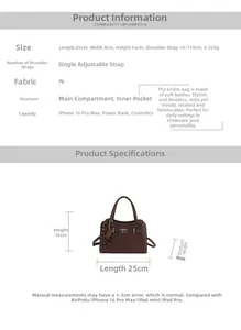 Detailed size and capacity specification for brown PU leather top handle handbag