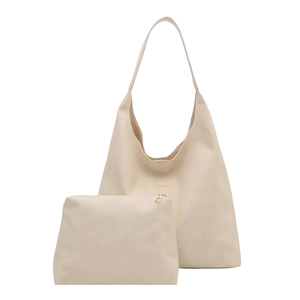 Minimalist beige faux leather tote bag and pouch set with gold hardware and fashion print