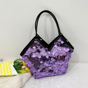 Fashion Sequin Tote Bag For Women Large Capacity Shiny Paillette Shoulder Bag V Neck Opening PU Leather Casual Party Handbag