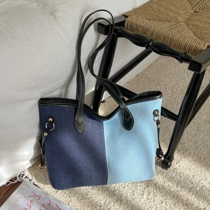 Fashionable large-capacity patchwork denim tote bag with black leather shoulder straps