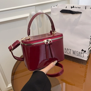 Vintage Women Patent Leather Box Bag Mini Vanity Case Shoulder Crossbody Bag With Top Handle Golden Zipper Fashion Handbag