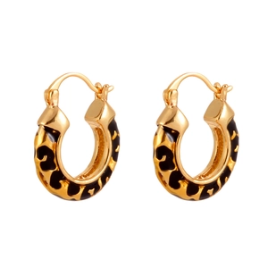 Minimalist gold-plated round hoop earrings with leopard print enamel pattern on white background