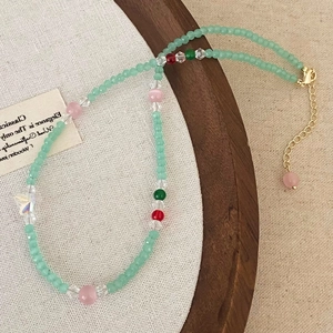 Light Green Crystal Pink Cat Eye Stone Butterfly Pendant Necklace Hand Beaded Gold Plated Clavicle Chain Jewelry For Women