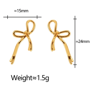 Elegant gold bow ribbon stud earrings measuring 15mm by 24mm with polished metal finish
