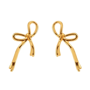 Elegant gold bow-shaped ribbon stud earrings with a polished mirror finish for women