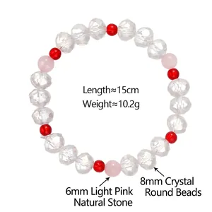 Bracelet pour femmes en pierres naturelles roses et perles de cristal de 6mm et 8mm