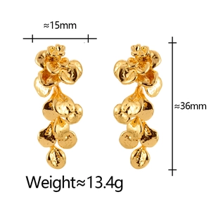 Elegant gold leaf tassel earrings with hammer finish and multi-layer flower design