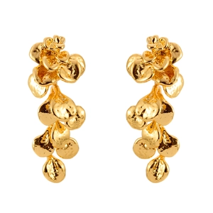 Elegant gold leaf tassel drop earrings with vintage molten texture and petal design